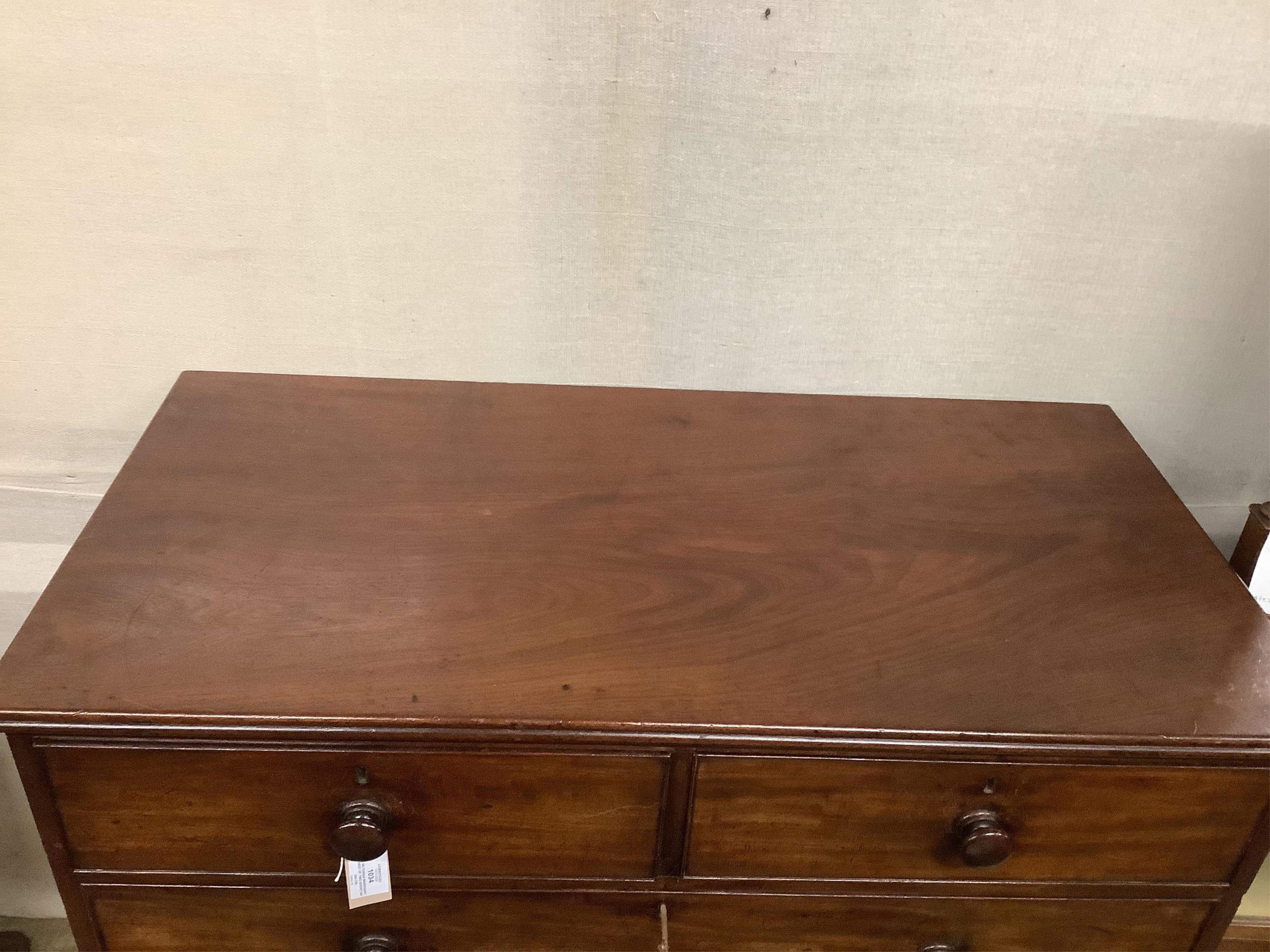 A Victorian mahogany chest of two short and three long drawers, width 109cm, depth 54cm, height 104cm. Condition - fair to good
